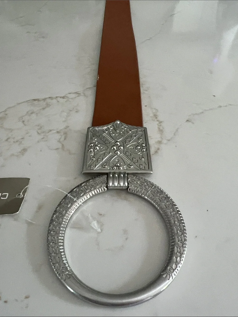 Chico’s Antoinette Slouch Belt S/M Cognac Brown Silver Statement Buckle